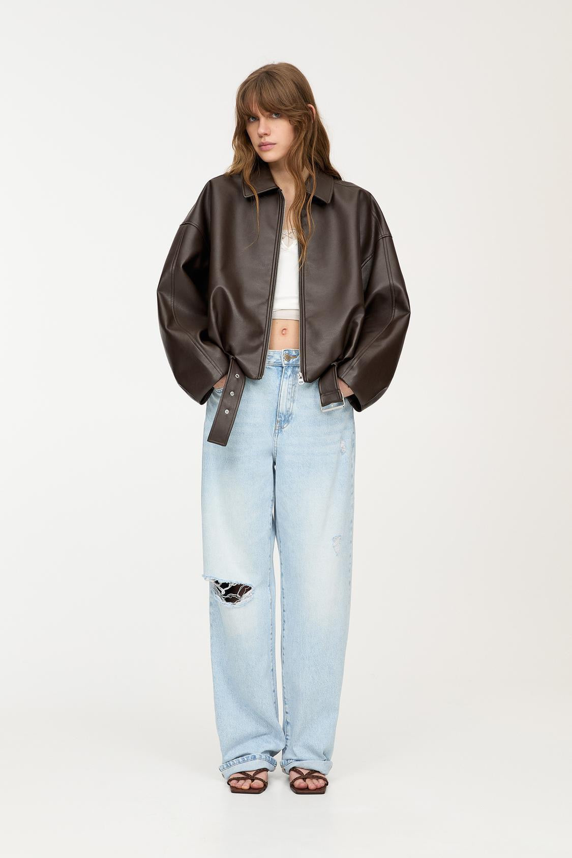 Chaqueta de Cuero Celeste