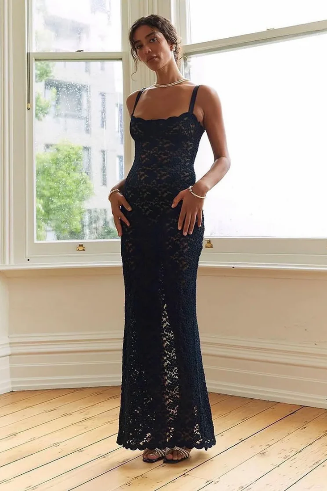 BÉRANGÈRE | VESTIDO LARGO DE ENCAGE NEGRO