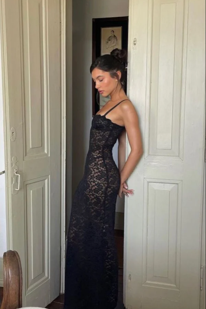 BÉRANGÈRE | VESTIDO LARGO DE ENCAGE NEGRO