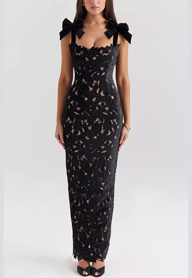 Veronica - Vestido maxi con tirantes de nudo y bordes bordados