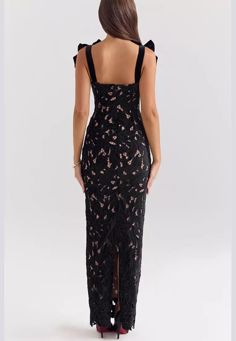 Veronica - Vestido maxi con tirantes de nudo y bordes bordados