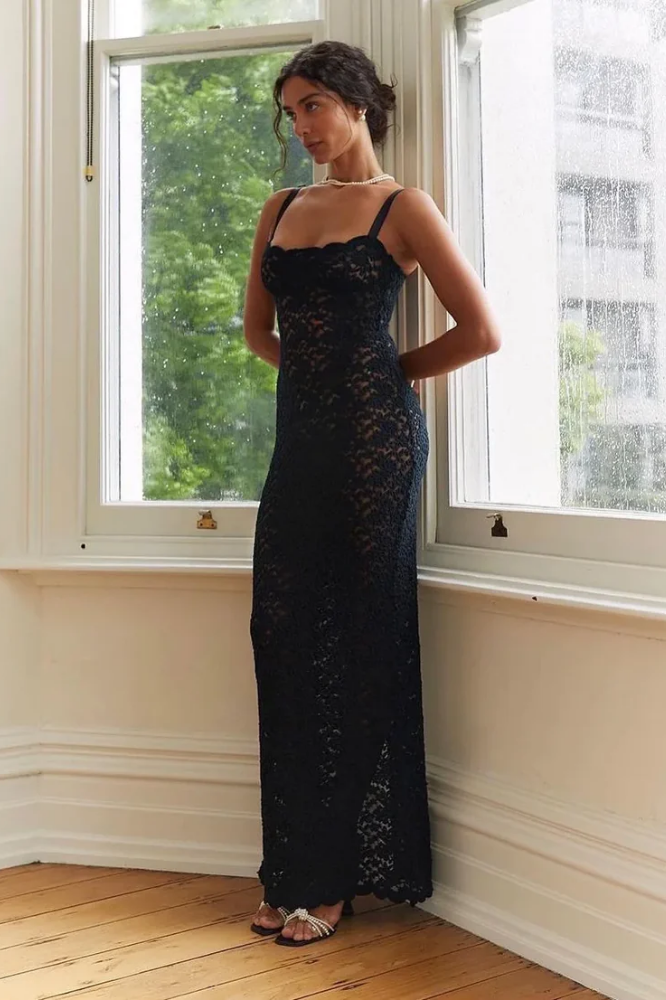 BÉRANGÈRE | VESTIDO LARGO DE ENCAGE NEGRO