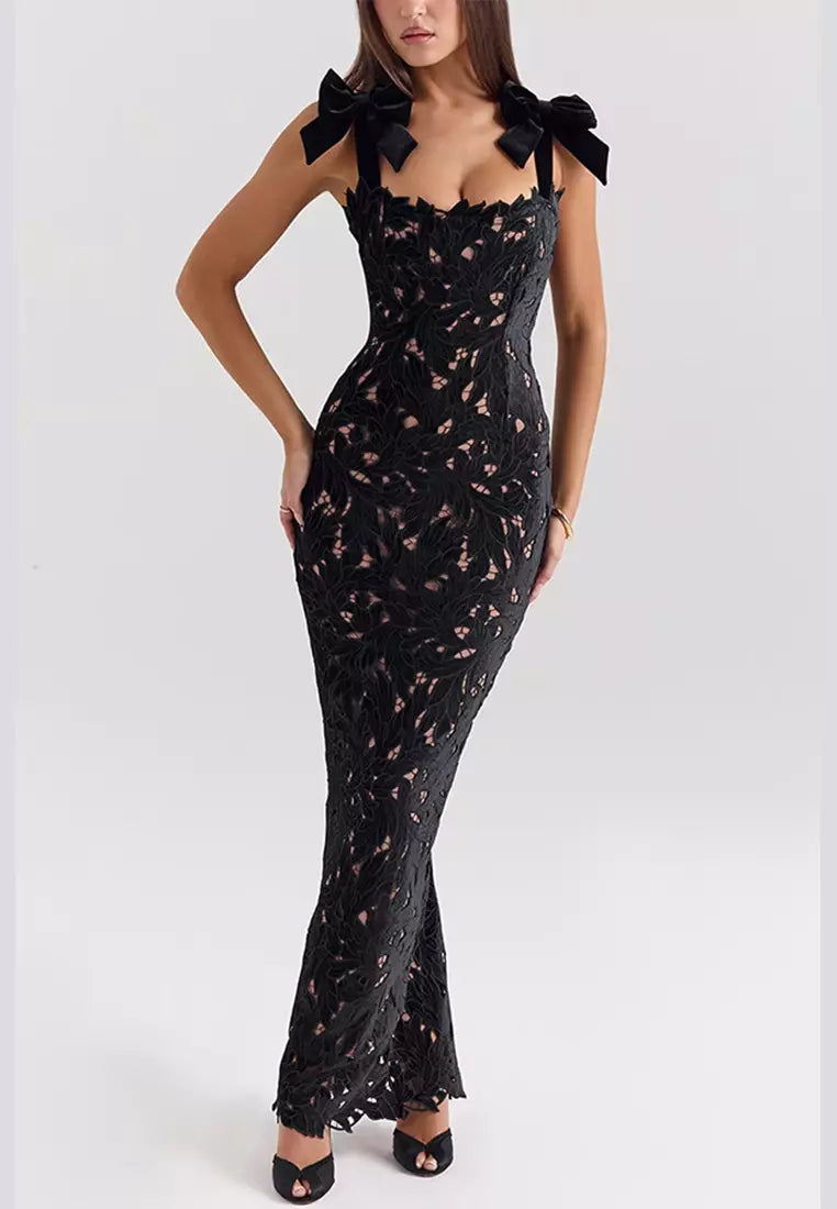 Veronica - Vestido maxi con tirantes de nudo y bordes bordados
